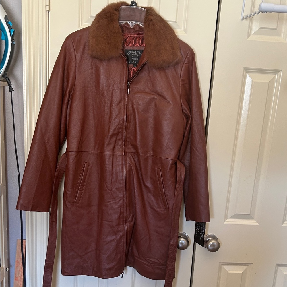 Beverly Hills Leather Brown Trench Coat with Fur Collar and tie waist